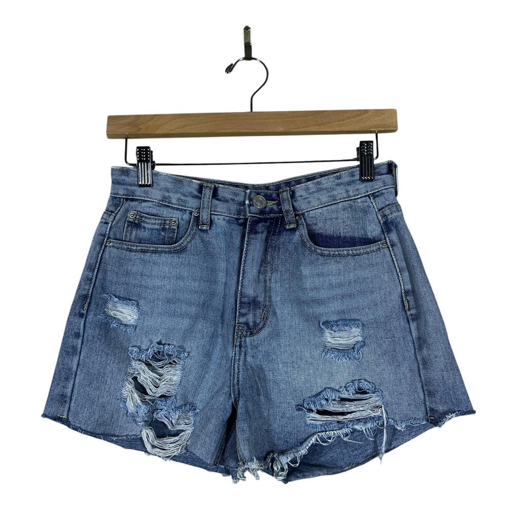 NWT Momokrom Distressed Raw Hem Denim Shorts Blue Grunge Edgy Size 6